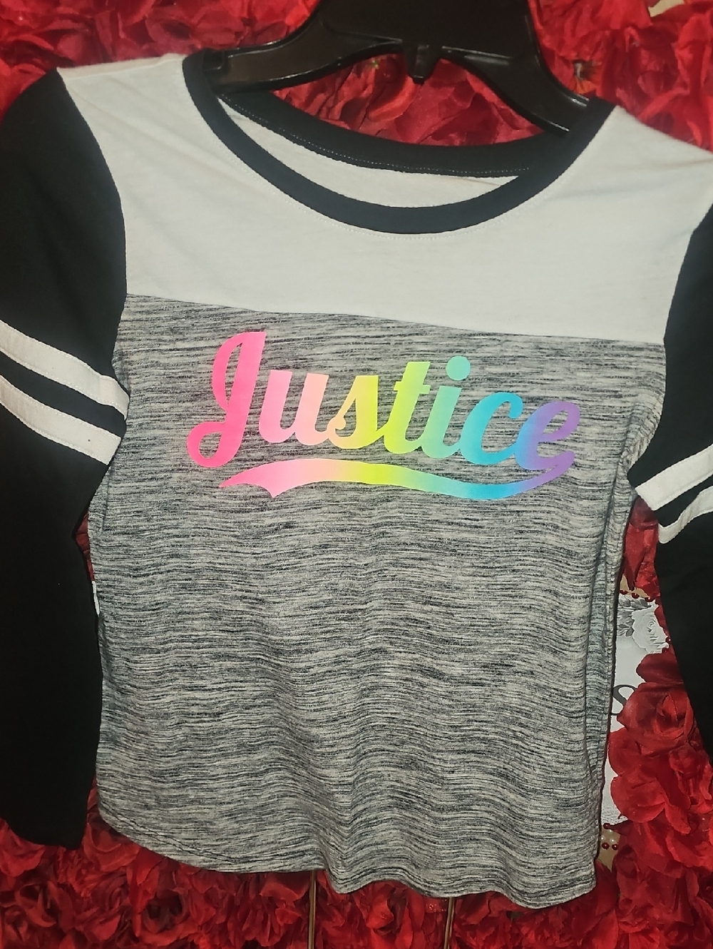 Justice Black & Gray Long Sleeve Tee with Rainbow Script Logo Size 12